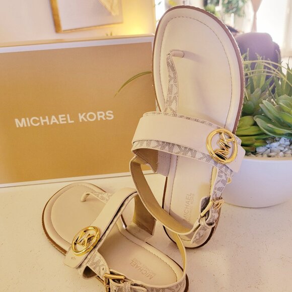 Michael Kors Signature Logo and Leather T-Strap Sandal - Picture 1 of 5